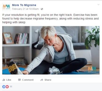 An elderly woman sitting on a blue yoga mat in a living room. She is wearing a gray jacket and black leggings and is holding a pair of running shoes in her hands. She appears to be in the middle of a stretching exercise. The background shows a bookshelf and a plant. The text on the image reads "If your resolution is getting fit you're on the right track. Exercise has been found to help decrease migraine frequency along with reducing stress and helping with sleep."