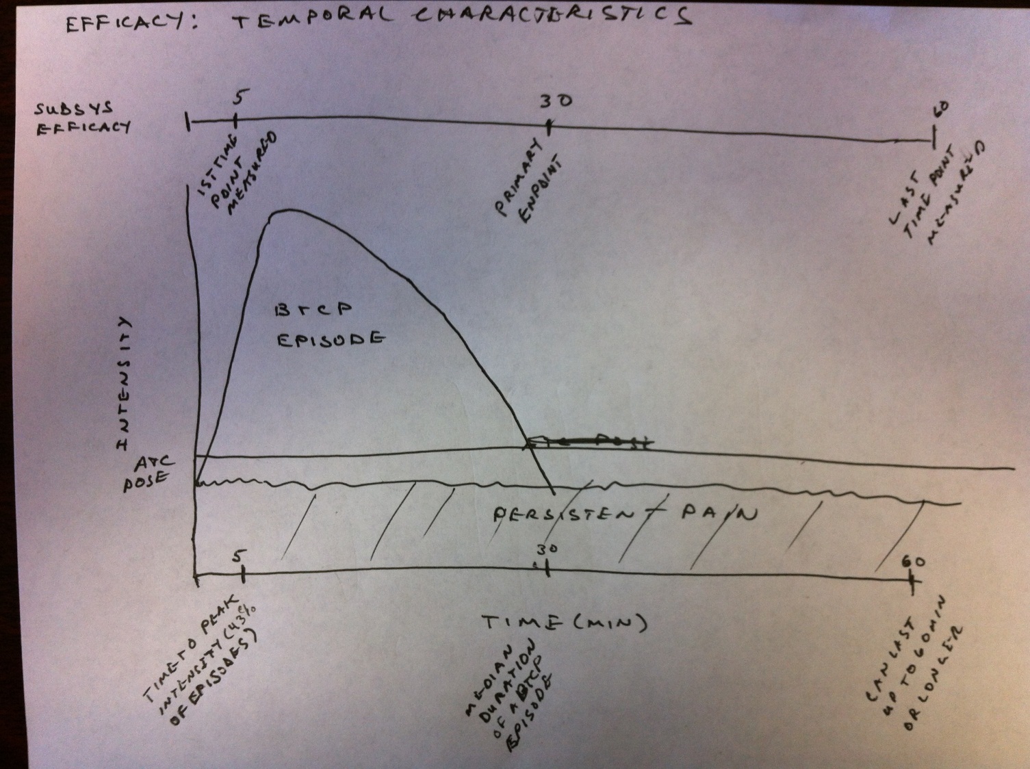 Photograph of a hand drawn line graph titled "Efficacy: temporal characteristics" and a subtitle of "Subsys efficacy". The x-axis shows time in minutes and the y-axis shows intensity. A curve on the graph shows a break through cancer pain episode above and beyond a patient's typical persistent pain level.