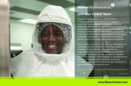 An advertisement for Watson Pharmaceuticals a company that offers a global team. The advertisement features a photo of a woman wearing a white protective suit and a white cap with a transparent visor. She is smiling and looking directly at the camera. The background is blurred but it appears to be an office or laboratory setting with a glass door and a green wall. The text on the right side of the image reads "Join Our Global Team" and on the left side there is a brief description of the company's mission statement. The company's website www.WatsonCareers.com is also visible in the bottom right corner.