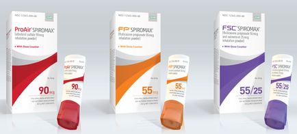 Four different types of SPIROMAX products. On the left there is a white box with the brand name "ProAir" written in red and orange. Next to it there are two smaller boxes with the same brand name written in orange and white. The first box is labeled "90mg" and has a red cap. The second box has the brand's logo and the product name "FP Spiromax" written on it. The third box has an orange cap and the label reads "55mg". The fourth box has a purple cap and is labeled as "55/25mg". All the products are arranged in a row on a white background.