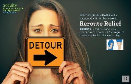 A young woman holding up a yellow sign with the word "DETOUR" written on it in black letters. The sign has an arrow pointing to the right indicating that the woman is detouring herself. The background is dark green and there is text on the right side of the image that reads "Reroute Relief" and on the left side there is a logo for the website "security.com". The website appears to be a website that provides information about the website's services.