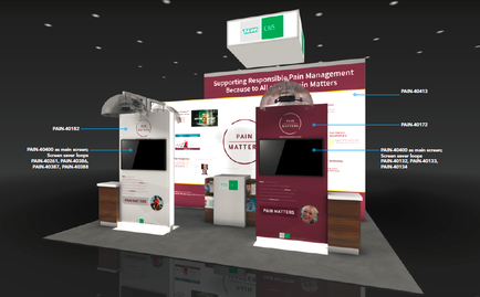 A trade show booth with a red and white color scheme. The booth has a large banner on the left side with the words "Supporting Responsible Pain Management Because of All Matters" written in bold white letters. On the right side of the booth there is a smaller banner with the same text and images. In the center of the image there are two large screens mounted on the wall one on each side. The screens are displaying information about pain management and the other on the screen. There is also a small table in front of the screens with a picture of a person's face on it. The booth is set up on a gray carpeted floor with a white wall in the background. There are also several buttons and switches on the booth for controlling the display. The overall design is modern and professional with a focus on supporting responsible pain management.