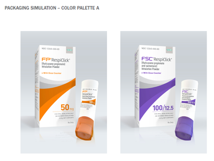 Two packaging models of a product called "FP RespiClick" and "Color Palette A". The packaging model on the left is a white box with an orange and white design and it has the brand name "FP" written in bold black letters. The box also has the product name "50mg" written on it in smaller black letters indicating that it is a 50mg/ml bottle of the product. On the right side of the image there is a purple and white packaging model with the same brand name and product name written in white letters. It has a purple cap and a white label with the product's name and size written in black letters on it. The label also mentions that the product is 100/12.5 ml in size and is suitable for use in a variety of applications. The background is white and the packaging model is displayed on a white background.