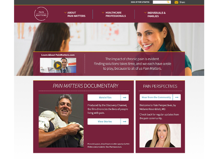 A screenshot of the homepage of a website called "Pain Matters Documentary". The website has a maroon and white color scheme with a navigation bar at the top. Below the navigation bar there is a navigation menu with options such as "About" "Healthcare Professionals" "Individuals & Families" and "Pain Perspectives". On the left side of the page there are two images of a man and a woman one of whom is smiling and the other is looking at the camera. The man is holding a baby in his arms and the woman is looking away from the camera with a smile on her face. On the right side the page has a title that reads "The impact of chronic pain is evident. Finding solutions takes time and we have a role to play because of all of us Pain Matters." Below the title there has a brief description of the documentary and a link to the website's website. At the bottom of the image there comes a section titled "Watch Film" with a photo of the man and woman. There is also a button that says "View Stories".