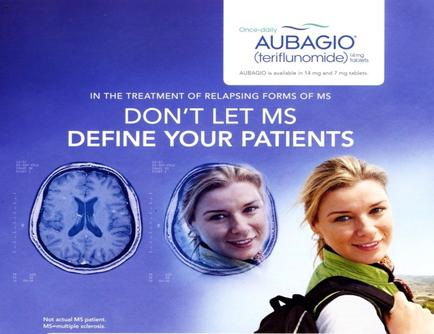An advertisement for adagio Terifluomide a treatment of relapsing forms of MS. The background of the image is blue and the text is white. On the left side there is an illustration of a brain scan and on the right side it is a photo of a young woman with blonde hair and a backpack. The text on the image reads "Don't let MS define your patients." The text also mentions that the treatment is available in 14 mg and 7 mg tablets.