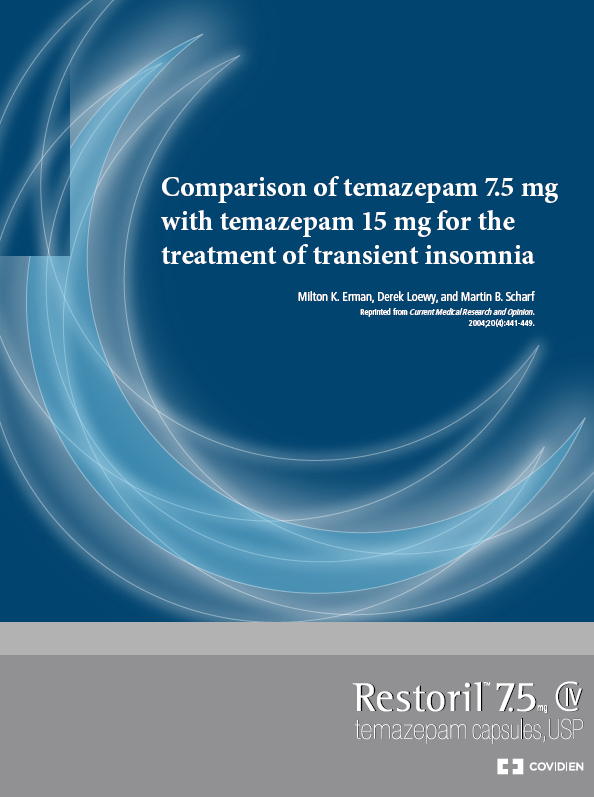 A cover page of a reprint titled "Comparison of temazepam 7.5 mg with temazepam 15 mg for the treatment of transient insomnia" written by Milton K. Erman Derek Loewy and Martin B. Scharf. It was commissioned to market Restoril 7.5mg CIV (tamazepam) capsules USP (manufactured by Covidien). It is intended for distribution to healthcare professionals by Covidien's pharmaceutical sales representatives (presumably). The background is dark blue and gray with graphic elements in various shades of blue with text in white. The logo of Covidien is in the bottom right corner.