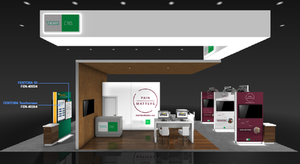 A 3D rendering of a trade show booth design. The booth has a modern and minimalist design with a white and green color scheme. The focal point of the booth is a large white banner with the words "Pain Matters" written in bold red letters. Below the banner there is a desk with a computer monitor and a chair in front of it. On the right side of the image there are three booths with different colors and designs. The booths are arranged in a semi-circular layout with a large screen on the left side and a smaller booth on the right. The background is black and the overall color scheme is predominantly green and white.