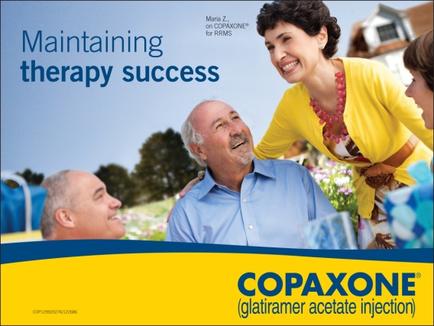 An advertisement for Copaxone (glatiramer acetate injection) for arms. It features a group of three people two men and a woman standing in a garden and smiling at each other. The man in the center is an older man with a white beard and mustache wearing a blue shirt. The woman on the right is a young woman wearing a yellow cardigan and a pink necklace and the man on the left is a younger man with grey hair. They are all looking at the man with smiles on their faces. The background shows a blue sky and a white house. The text on the image reads "Maintaining therapy success" and "Maria Z. for mrs".