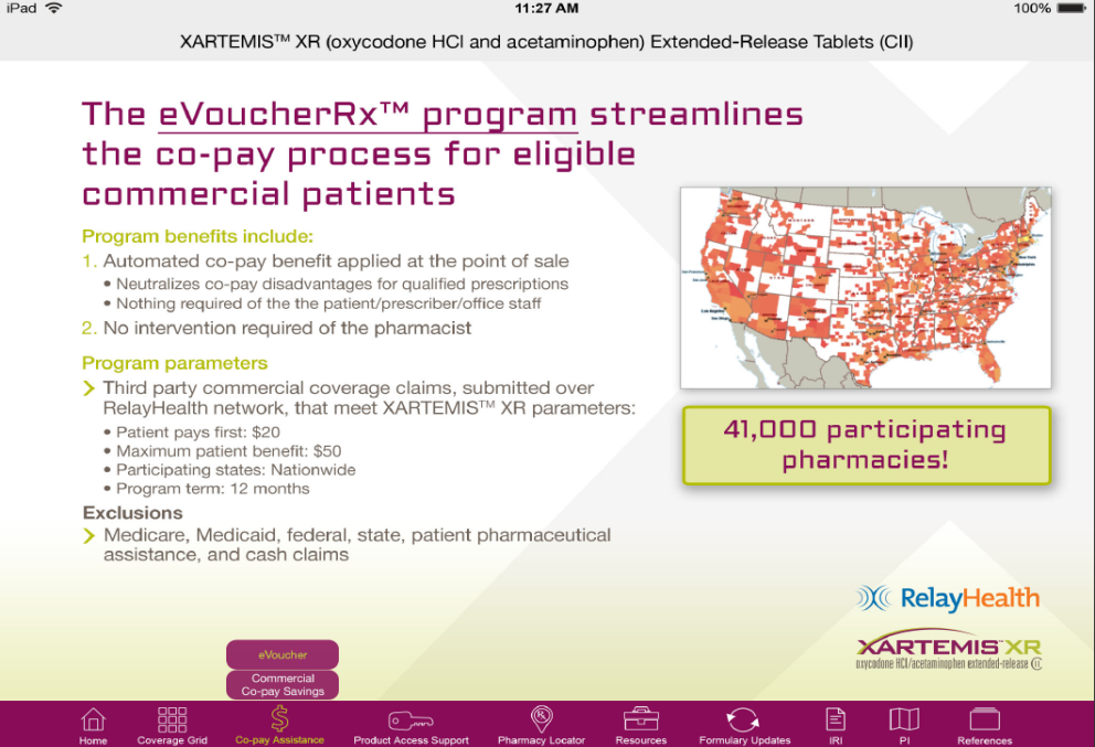 A screenshot of a webpage from the XARTEMIS XR website. The title of the page is "The eVoucher Rx program streamlines the co-pay process for eligible commercial patients." The webpage has a white background with purple green and black text. There is a map of the United States on the right side. The map is color-coded to show the  41000 participating pharmacies. <br /><br />On the left side of the page there is a header reading "Program benefits include:" followed by a number of bullet points: <br /><br />1. Automated co-payment benefit applied at the point of sale<br />2. No intervention required of the pharmacist.<br /><br />A second header is "Program Parameters" which had text reading: "Third party commercial coverage claims submitted over RelayHealth network that meet XARTEMIS XR parameters."<br /><br />A third header is "Exclusions" which lists Medicare Medicaid federal state patient pharmaceutical assistance and cash claims.<br /><br />At the bottom of the webpage there is a navigation bar where it appears Co-pay Assistance and eVoucher are selected. The XARTEMIS XR and Relay Health logos are also visible.