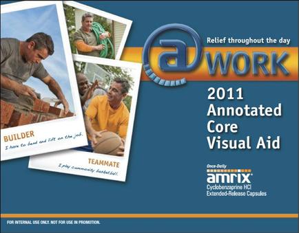 A cover page of a book titled "2011 Annotated Core Visual Aid". The cover page has a blue background with the title of the book written in white text. On the left side of the page there are three photos of a man working on a brick wall. The first photo on the top left shows the man working with a hammer and appears to be in the process of building a brick. The second photo in the middle shows a group of men working together on a construction site. The third photo shows a man holding a basketball and smiling at the camera. The fourth photo shows another man holding the basketball and laughing. The fifth photo shows the same man working in the background. The text on the page reads "Builder" and "Teammate". The text below the photos reads "For internal use only. Not for use in promotion."