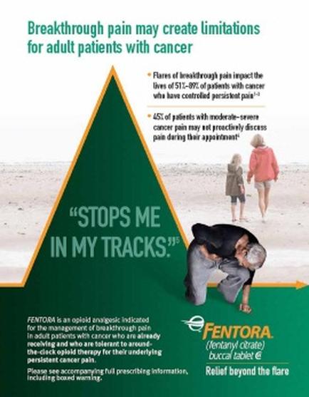 An idiographic that explains that breakthrough pain may create limitations for adult patients with cancer. The background of the image is a beach scene with two people walking on the sand. The text on the image reads "Stops me in my tracks" and there is a green triangle with the word "mentor" written on it. The triangle is divided into three sections. The first section on the left side of the triangle has a quote that reads "mentor is an opioid analgesic indicated for the management of breakthrough pain in adults with cancer who are already experiencing pain during their appearance. The quote is written in white text and is accompanied by an illustration of a man kneeling on the ground with his head in his hands. The second section has an image of a woman walking on a beach with a child in the background. At the bottom right corner there is text that says "Relief beyond the flare" and the mentor logo. The overall design of the idiographic is simple and clean with a green and white color scheme.