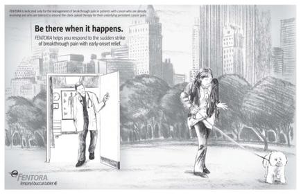 A black and white illustration of a man walking a dog on a leash in a park. The man is wearing a suit and tie and appears to be in his late twenties or early thirties. He is walking on a sidewalk with tall buildings in the background. In the center of the image there is a man standing in front of a door with a sign that reads "Be there when it happens. mentor helps you respond to the sudden strike of breakthrough pain with early onset relief." He is holding a clipboard and pointing to the sign with a concerned expression on his face. The dog is walking alongside him looking up at him with a sad expression. The image is accompanied by text that explains the importance of the message.