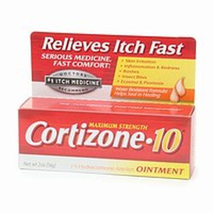 Of a box of cortisone-10 Ointment. The box is rectangular in shape and has a red and yellow color scheme. The top of the box has the brand name "Relieves Itch Fast" written in bold white letters followed by the product name "Serious Medicine Fast Comfort" in smaller white letters. Below that there is a description of the product which states that it is a high-strength ointment that helps relieve itch fast. The bottom of the label has the product's name and a description that reads "Maximum Strength". The box also mentions that the product is made with natural ingredients and is suitable for all skin types.