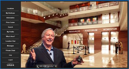 A screenshot of a website interface with a photo of a man in a suit and tie standing in front of a large lobby. The lobby has a modern design with a high ceiling and a staircase leading up to the second floor. On the right side of the image there is a sign that reads "Resources Auditorium Momentum" and on the left side there are several buttons for different locations including "My Briefcase" "Information" "Prize Center" "Search" "My Profile" "Who's Here?" "Location Chat" "Messages" "Private Chat" and "Help". The man in the photo is smiling and appears to be giving a presentation or explaining something.