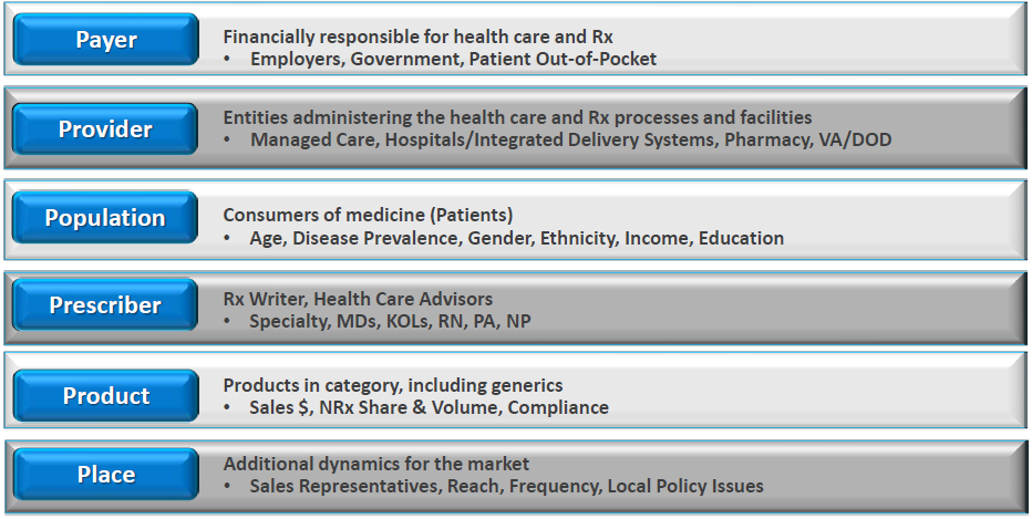 A table that explains the prescription drug marketplace. There are 6 elements listed - Payer Provider Population Prescriber Product and Place - that could variously be described as roles (Payer Provider Population Prescriber) or context (Product Place). Each element is defined with examples listed underneath (ex : Payers are Financially responsible for health care and Rx and may be Employers Government or Patients Out-of-Pocket). The background is gray with graphic elements in blue and text in black.