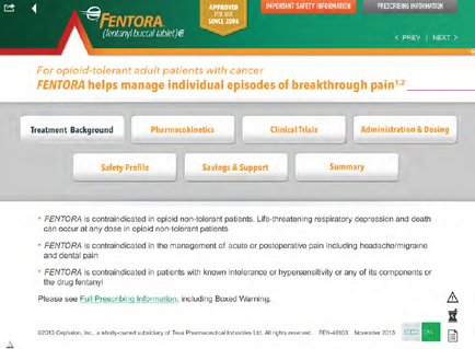 A screenshot of the homepage of a website called mentor. The website has a green and orange color scheme with the logo of the company at the top. Below the logo there is a section titled "For opioid-tolerant adult patients with cancer" which explains that the website helps manage individual episodes of breakthrough pain. The main content of the page is divided into three sections. The first section is titled "Treatment Background" and has a list of treatment options. The second section has a description of the treatment options including "Pharmaceuticals" "Clinical Trials" "Administration & Dosing" and "Safety Profile". The third section has an overview of the safety profile including savings and support and a summary of the summary. At the bottom of the image there are two buttons - "Please see Full Prescription Information" and "Boxed Warning". There is also a link to the website's website for more information about the website.