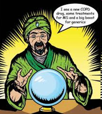 A comic book illustration of a man with a beard and a turban on his head sitting at a table with a crystal ball in front of him. He is wearing a green robe and has a surprised expression on his face. The text above him reads "I see a new cold drug some treatments for MS and a big boost for generics." The background is yellow with rays of light shining down on the man and the crystal ball.