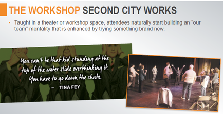 A promotional graphic for a workshop called "The Workshop Second City Works". On the left side of the image there is a quote from Tina Fey that reads "Taught in a theater or workshop space attendees naturally start building an 'our team' mentality that is enhanced by trying something brand new." On the right side there are two smaller images of a group of people performing on a stage. The stage is decorated with a green curtain and there are chairs and tables set up for the audience. The people on the stage are dressed in formal attire and appear to be engaged in a lively performance.