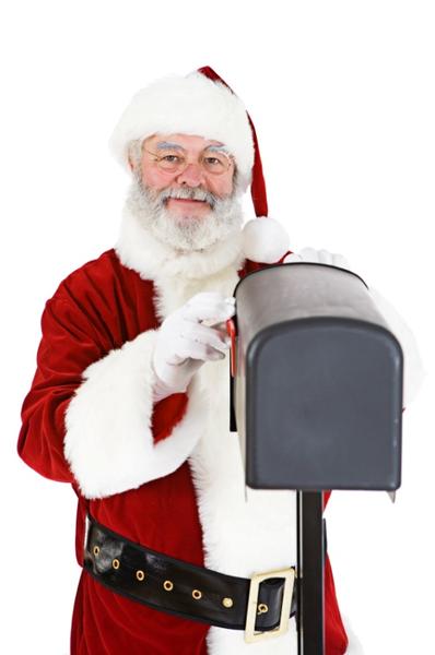 Of a man dressed as Santa Claus holding a black mailbox. He is wearing a traditional red and white suit with a black belt and a white fur trim. He has a white beard and a red hat with a white pom-pom on top. He also has a pair of white gloves on his hands. The man is smiling and looking at the camera. The background is white and the overall mood of the image is cheerful and festive.