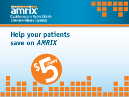 A graphic design with a blue background and orange squares. The top left corner of the image has the Amrix logo and the text "Help your patients save on AMRIX" in white. Below the logo there is an orange circle with the number 5 on it. The text is in a bold font and is centered on the image. The overall design is simple and modern.