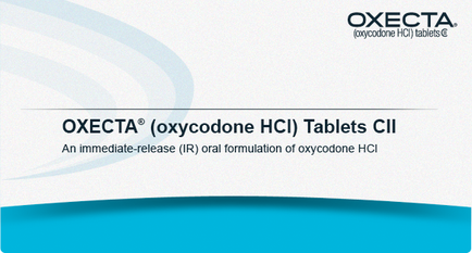 A presentation slide with a white background and a blue wave-like design on the left side. On the right side there is a text that reads "OXECTA® (oxycodone HCI) Tablets CII" in black font. Below the text it reads "An immediate-release (IR) oral formulation of oxycodone HCII". The text is in a modern sans-serif font and is centered on the slide. The overall design is simple and minimalist.