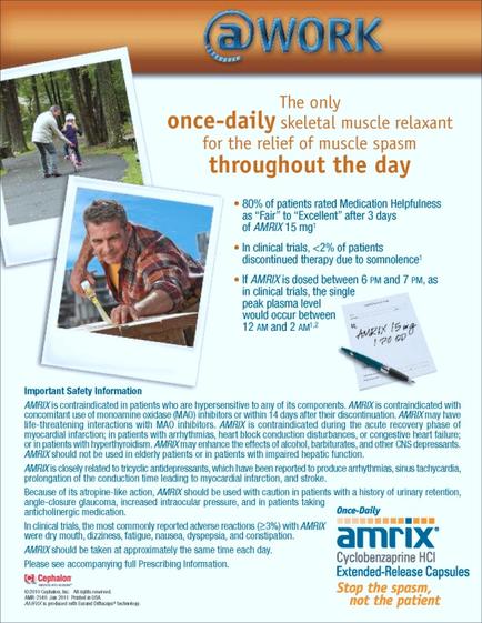 An advertisement for AMRIX a medical supplement company. The advertisement is titled "The only once-daily skeletal muscle relaxant for the relief of muscle spasm throughout the day". On the left side of the image there is a photo of a man working on a piece of wood with a hammer. He is wearing a plaid shirt and appears to be in the process of repairing or repairing the wood. On the right side there are two smaller photos of people working together in a wooded area. The text on the advertisement explains that the supplement is 80% of patients rated Medication helplines and is available in the United States. It also mentions that it is available for medical treatment and that it can be used to treat muscle spasms. The text also mentions the benefits of the supplement such as increased muscle strength reduced pain and improved overall health. - Important safety information: At the bottom of the advertisement the company's logo and contact information are displayed prominently.
