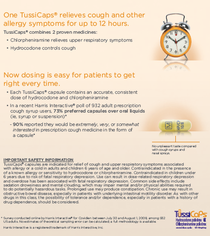 An advertisement for TussiCaps. The page includes two headings. The first reads: "One TussiCaps relieves cough and other allergy symptoms for up to 12 hours." An orange alarm clock is next to the heading. The second heading reads: "Now dosing is easy for patients to get right every time." A yellow capsule is next to the second heading. At the bottom of the page there is important safety information and the TussiCaps logo. The text is written in black and orange font and is centered on the image. The background of the infographic is pale orange.