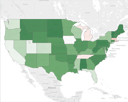 This is an untitled map of the continental United States with states color-coded in various shades of green (usually) or red (for Massachusetts Michigan and Tennessee). The significance of the colors and/or their shade is not listed.