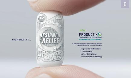 A close-up of a person's finger holding a white pill. The pill is round and has a label on it that reads "DESIGNED RELIEF" in bold black letters. The label also has an illustration of a cityscape with buildings and trees in the background. Below the illustration there is text that explains the product's features and benefits. On the right side of the image there are three bullet points that explain the product. The first bullet point reads "New PRODUCT X" and the second bullet point says "Product X". The third bullet point states that the product is a new product designed to help people manage their stress and anxiety. The fourth bullet point mentions that it is a 12-hour dose of hypodermic acid which is known for its anti-aging properties. The background is plain white making the pill stand out.