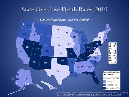 This is a choropleth map showing the overdose death rates for each state in the United States of America (yearly average per 100000 residents for 2000-2010). Rates range from a low of 3.4 deaths per (in North Dakota) to a high of 28.9 per (in West Virginia) with a national average of 12.3 deaths per. The data was compiled by the National Center for Health Statistics of the Centers for Diseases Control and Prevention.