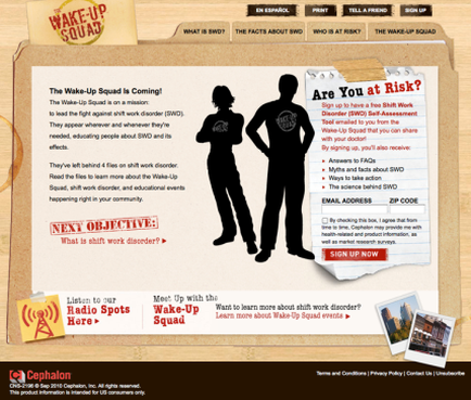 A screenshot of the homepage of a website called "Wake-Up Squad". The website has a beige background with a red banner at the top that reads "The Wake-Up squad is coming!" Below the banner there is an illustration of two silhouettes of a man and a woman standing side by side facing each other. The man is wearing a black t-shirt with the words "Are You at Risk?" written on it. On the right side of the page there are two buttons - "Next Objective" and "Sign Up Now". Below the buttons it says "Listen to our Radio Spots Here". On the left side it reads "Meet Up with the Wake-up Squad" and on the bottom right corner it states that the website is a radio station called "cephalic". At the top of the image there has a navigation bar with links to different sections of the website such as "What is the facts about the wake-up squad?" and "What are the benefits of wake-ups?". There is also a button to sign up for the website. The overall design of the webpage is modern and minimalist with a focus on the two figures and the text.