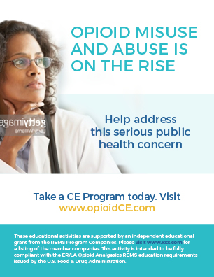 An advertisement or flyer for FDA REMS-Compliant continuing education programs for opioid analgesics. The main text of the image is "Opioid misuse and abuse on the rise: Help address this serious public health concern." On the left side of the image there is a photo of a woman with curly hair and glasses wearing a white lab coat and a stethoscope around her neck. She is looking off to the side with a thoughtful expression on her face. <br /><br />The text on the image also reads "Take a CE Program today. Visit www.opioidce.com."<br /><br />At the bottom of the infographic there is text that reads: "These educational activities are supported by an independent educational grant from the REMS Program Companies. Please visit www.xxx.com for a listing of the member companies. This activity is intended to be fully compliant with the ER/LA Opioid Analgesics REMS education requirements issued by the US Food & Drug Administration." 