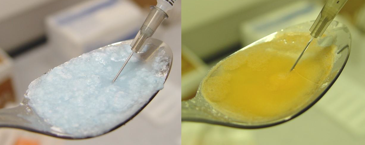 This image is a collage of two identical photographs. The image shows a spoon filled with a light  substance likely an opioid or another drug and a syringe. The syringe drawing up the substance.  The background is blurred but it appears to be  laboratory setting. The photo on the left has a neutral tint and the substance looks light blue. The photo on the right appears to have a yellow filter and the substance looks more liquid and is a shade of yellow.