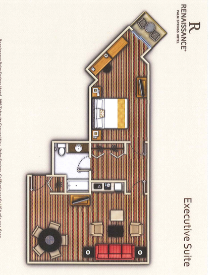 A floor plan of an executive suite of a hotel. The floor plan is in the shape of a house with a sloping roof and a red and brown striped exterior. The room is divided into two sections with the living room on the left side and the bedroom on the right side. The living room has a sofa a coffee table and a TV while the bedroom has a bed a dresser a nightstand and an armchair. The kitchen is located in the center of the room with a sink stove and refrigerator. There is also a dining area with a table and chairs. The bedroom is connected to the living area by a hallway. The bathroom is located on the opposite side of the bedroom. The overall layout of the hotel is modern and spacious with plenty of natural light coming in from the windows.