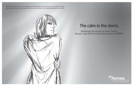 A black and white sketch of a woman standing with her back to the viewer. She is wearing a long-sleeved shirt and has shoulder-length hair. The woman appears to be deep in thought with her eyes closed and her head tilted slightly to the side. The background is a plain grey color. On the right side of the image there is text that reads "The calm in the storm. Breakthrough pain took away her sense of security. Help give it back with the reassuring relief of early- onset mentor."