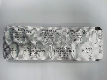 A photograph of a blister pack of pills. The blister pack is rectangular in shape and appears to be made of metal. The label on the blister pack has a white background with black text. The text on the label reads "Pregnant tea" and "75 mg Capsules Hard". Below the text there is a description of the pills which states that they are 75 mg capsules hard and 25 mg capsules hard. The pills are arranged in a grid-like pattern with each capsule having a different size and shape. The packaging is sealed with a clear plastic seal.