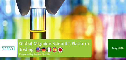 A graphic design for a global migraine scientific platform testing event. It features a close-up of a test tube with a black handle and a yellow liquid inside. The background is blurred but it appears to be a laboratory setting with colorful test tubes and other scientific equipment. The text on the image reads "Global Migraine Scientific Platform Testing Prepared by Kantar Health" and "May 2016".