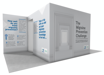 A 3D rendering of a white exhibition stand with a blue banner on the left side that reads "How well do you know migraine prevention?". On the right side of the stand there is a white door with the text "Take a trip with us and put your migraine prevention knowledge to the test" above it. Below the door there are two blue banners with text that read "The Migraine Prevention Challenge". The stand is set up on a gray floor with a white wall in the background.