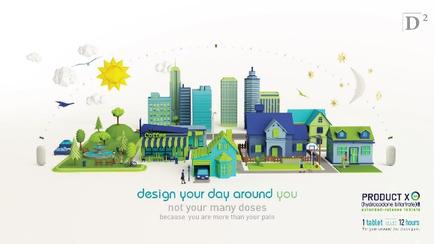 An illustration of a small town with a variety of buildings and structures. The town is made up of different types of buildings including skyscrapers houses and parks. The buildings are in different colors and styles including blue green and yellow. There are also trees bushes and a fountain in the center of the town. The sky is blue with a few clouds and there is a yellow sun in the top left corner. The text on the image reads "design your day around you not your many doses because you are more than your pain". The text is in a modern sans-serif font and is centered in the middle of the image.