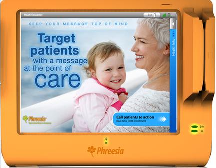 A digital advertisement for freesia a healthcare provider. The advertisement features a photo of a mother and her baby. The mother is smiling and the baby is looking up at her with a happy expression. The background is blue and there is text that reads "Target patients with a message at the point of care". Below the photo there is a button that says "Call patients to action". The advertisement also has the freesias logo and the words "Keep your message top of mind".