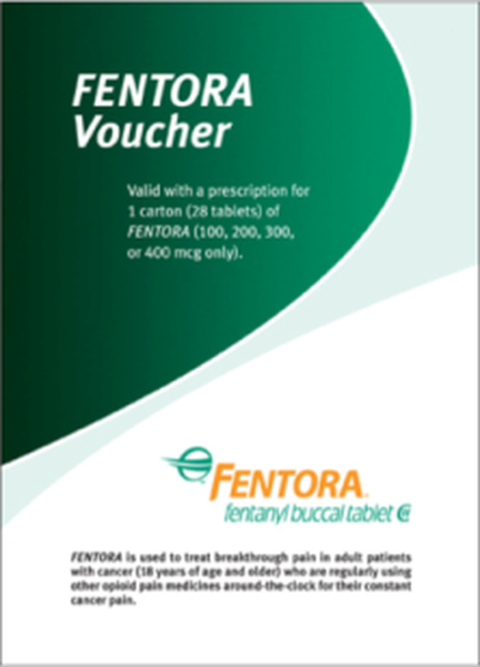 A cover page of a mentor voucher. The background is a light green color with a white border. The title of the voucher is written in bold black letters at the top of the page. Below the title there is a description that reads "Valid with a prescription for 1 carton (28 tablets) of mentors (100 200 300 or 400 mcg only). The voucher also mentions that the voucher was used to treat breakthrough pain in adult patients with cancer (18 years of age and older) who are regularly using other opioid pain medicines around-the-clock for their constant cancer pain. At the bottom of the cover page there are two logos one for mentored and the other for fentanyl buccal tablet.