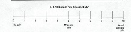 This chart quantifies the subjective experience of pain via a Numeric Pain Intensity Scale. It ranges from 0 (No pain) to 10 (Worst possible pain) with 5 (Moderate pain) at its midpoint.