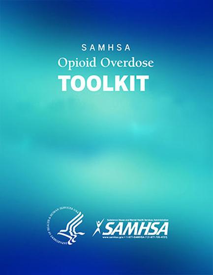 A cover page of a book titled "samosa Opioid Overdose Toolkit". The background is a gradient of blue and green colors with the title of the book written in white text at the top. Below the title there is a logo of a bird with its wings spread wide as if it is flying. The logo is a stylized version of the samosa logo with a white outline and a blue background. The overall design is simple and minimalist.