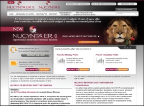 A screenshot of the homepage of a website for NUCYNTA and NUCYNTA ER. The website has a maroon and white color scheme with a large image of a lion on the top right corner. Above the lion there is a navigation bar with links to different sections of the website. The main page of the site has a number of links including for contact information and highlights and resources. The bottom of the page has important safety information. The image is low resolution making it blurry and challenging to read.