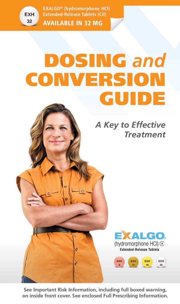 The cover of a brochure titled "Dosing and Conversion Guide: A Key to Effective Treatment". It features a photo of a woman with blonde hair and a big smile on her face. She is wearing an orange shirt and is standing with her arms crossed in front of her chest. The title of the book is written in bold orange letters at the top of the cover. Below the title there is a subtitle that reads "A key to effective Treatment." The logo for Exalgo is at the bottom right corner and an orange banner at the upper left corner advertises that Exalgo is now available in 32 mg does with an illustration of the tablet. 