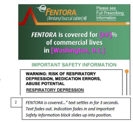 A screenshot of a warning message from the mentor (mentor) website. The message reads "mentor is covered for (1% of commercial lives in Washington D.C.)". The message is written in black text on a green background with a red arrow pointing upwards. Below the arrow there is a warning label that reads "WARNING: RISK OF RESPIRATORY DEPRESSION MEDICATION ERRORS ABUSE POTENTIAL inspirational DEPRESSIONS". At the bottom of the message there are two bullet points that read "Text fades out. Indication fades in and Important Safety Information block slides up into position." This indicates that the message is warning people to be aware of the potential risks of respiratory depression abuse potential and respiratory depression.