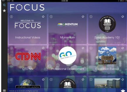 A screenshot of the homepage of a website called "FOCUS". The website has a purple background with white text that reads "Welcome to FOCUS" at the top. Below the text there are six icons arranged in a grid-like pattern. The first icon on the top left corner reads "Instructional Videos" and below it reads "Momentum". The second icon is "Sales Academy 101". The third icon is the logo of Momentum the fourth icon is Momentum's logo and the fifth icon is an image of a mountain landscape with a blue sky and white clouds. The sixth icon is a logo for CTDNN the seventh icon is of Professional Development the eighth icon is from Expedition Everest the ninth icon is for Journey to Launch the tenth icon is to Go the eleventh icon is in the center of the page the twelfth icon is on the bottom right corner the thirteenth icon is at the bottom left corner and all the icons are in white text. Overall the website appears to be a platform for users to learn more about the website and its services.