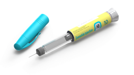 A blue pen with a yellow tube attached to it. The tube has the number 10 written on it in black letters. The pen has a silver tip and a blue cap. The background is white and there is a black and white dotted pattern around the pen. The image appears to be an illustration of a syringe or needle.