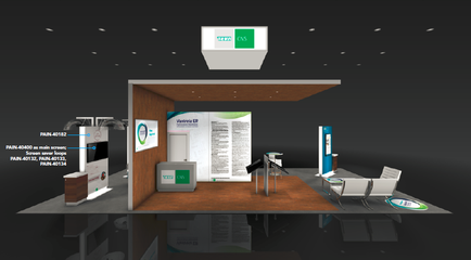 A 3D rendering of a trade show booth. The booth is divided into two sections with the left side showing the booth's interior and the right side showing its exterior. The booth has a wooden wall with a large window on the front allowing natural light to enter the space. There is a large screen on the wall displaying information about the booth such as the company's logo and contact information. On the left wall there is a desk with a computer monitor and a keyboard as well as a few other items on the desk. The floor is made of wood and there are two white chairs in front of the desk providing a comfortable seating area for visitors to sit and interact with the booth. At the top of the image there are several lights hanging from the ceiling creating a bright and modern atmosphere. The overall design of the booth is minimalist and professional with clean lines and clean lines.
