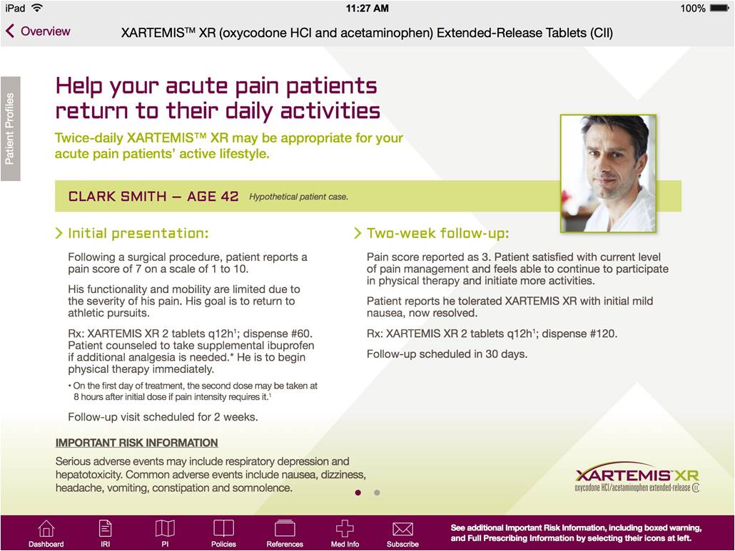 A screenshot of a webpage from the XARTEMIS XR website. The webpage is titled "Help your acute pain patients return to their daily activities". The page has a white background with a purple and green color scheme. On the right side of the page there is a photo of a man with dark hair and a white shirt. He is looking directly at the camera with a serious expression on his face. Next to the photo there is a banner that reads "Clark Smith - Age 42: Hypothetical patient case". <br /><br />Below the banner there is text explaining the patient's initial presentation and two-week follow up. At the bottom of the page there is important risk information the XARTEMIS XR logo and a navigation menu